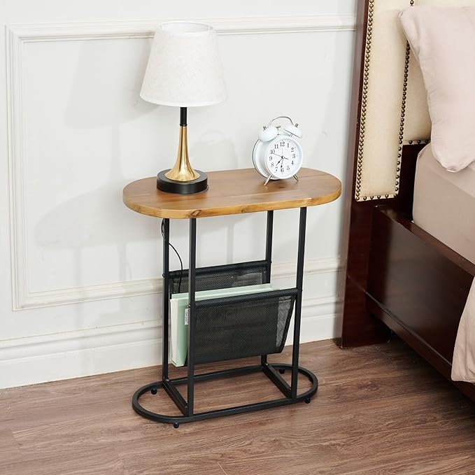 Oval Bedside Table Acacia Wood End Table with Metal Frame Nightstand Table with Magazines Organizer Storage Space Narrow Small Side Table for Small Space Living Room Bedroom Couch Brown