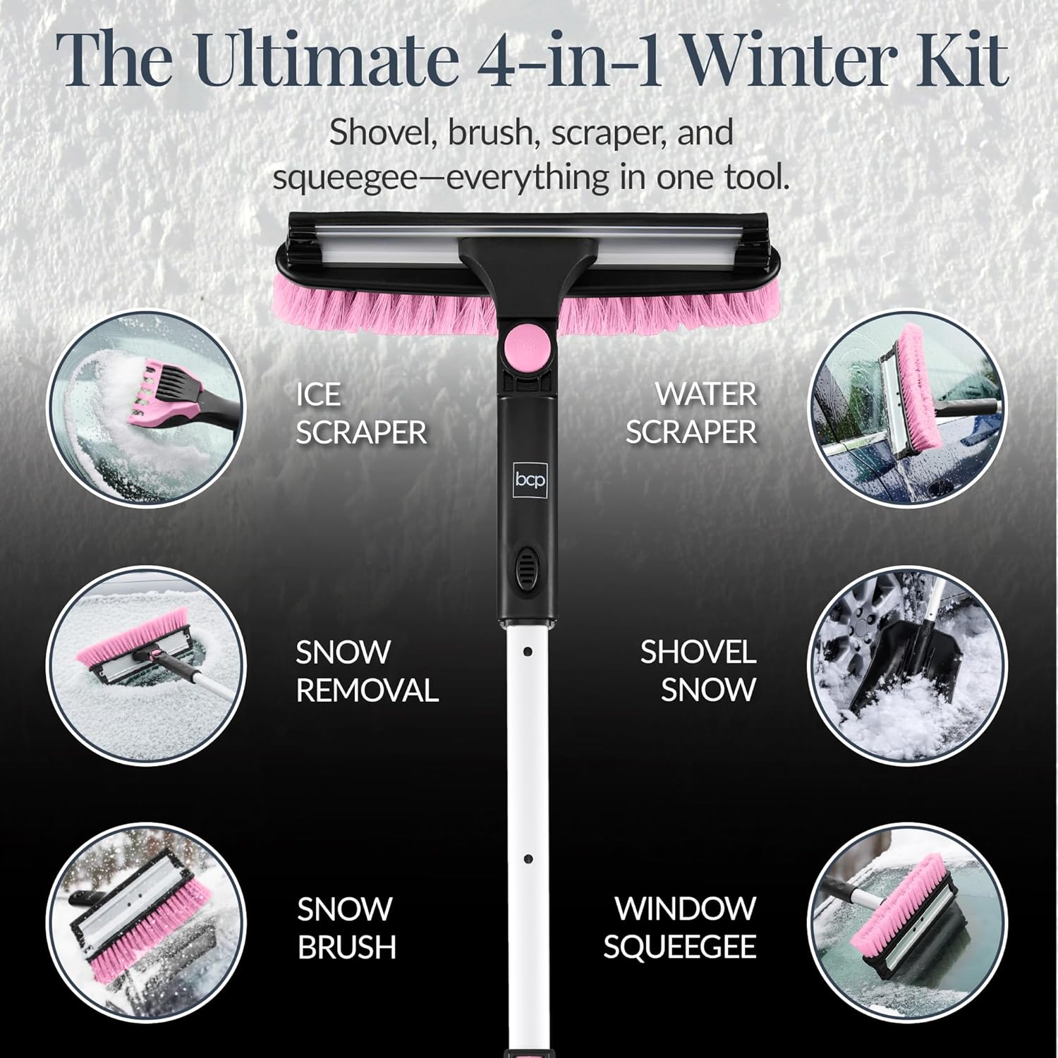 Best Choice Products - 4 in 1 Snow Brush with Shovel, Ice Scraper & Squeegee w/Storage Bag - Pink