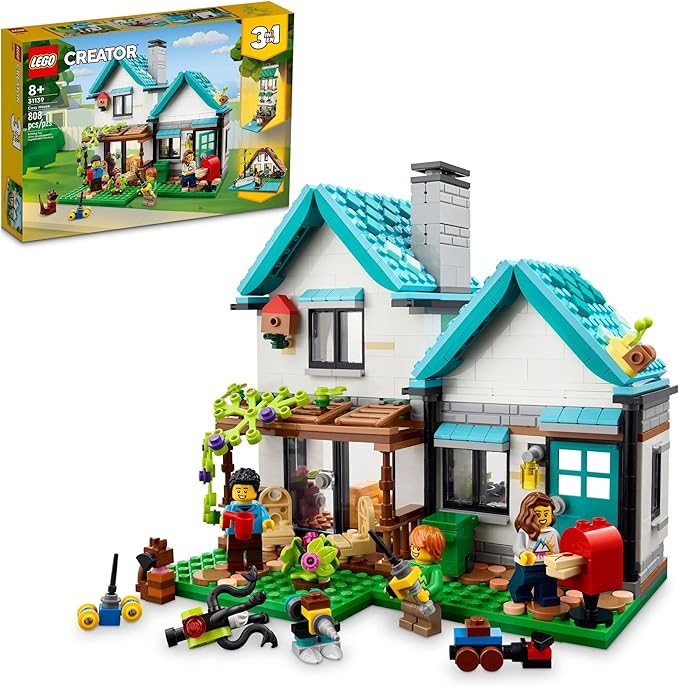 LEGO Creator 3 in 1 Cozy House Building Kit, Rebuild into 3 Different Houses, Includes Family Minifigures and Accessories, DIY Building Toy Ideas for Outdoor Play for Kids, Boys and Girls, 31139(New Open Box)