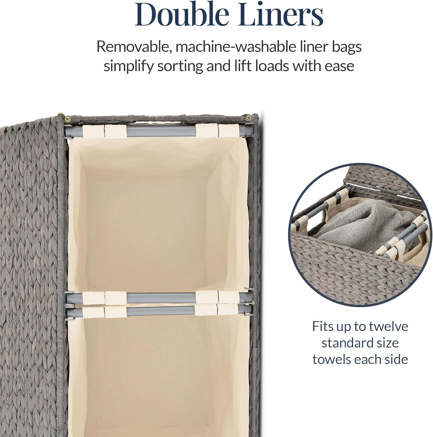 Best Choice Products - Large Water Hyacinth Double Laundry Hamper Basket w/ 2 Liner Bags - Grey