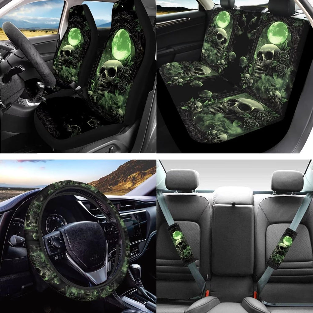 Baxinh Skull Rose Print Car Seat Cover Full Set 16 Pc-Green/Skull Rose