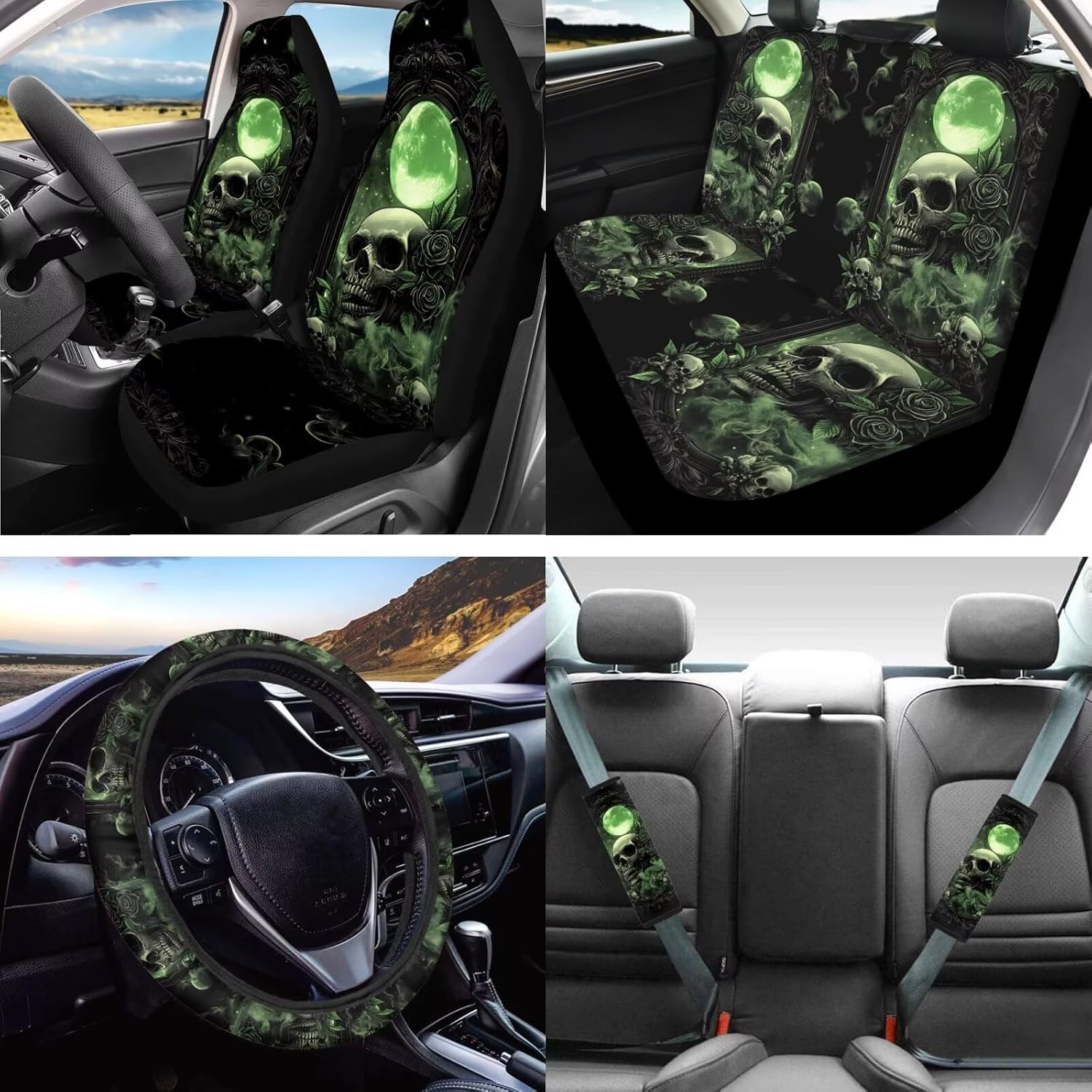 Baxinh Skull Rose Print Car Seat Cover Full Set 16 Pc-Green/Skull Rose