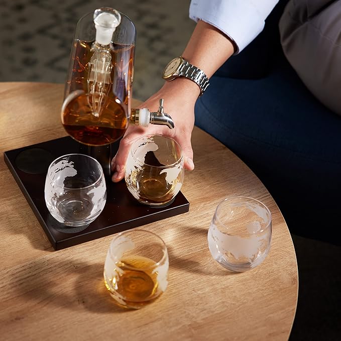 35oz Ship Whiskey Decanter Set with 4 Etched Glasses