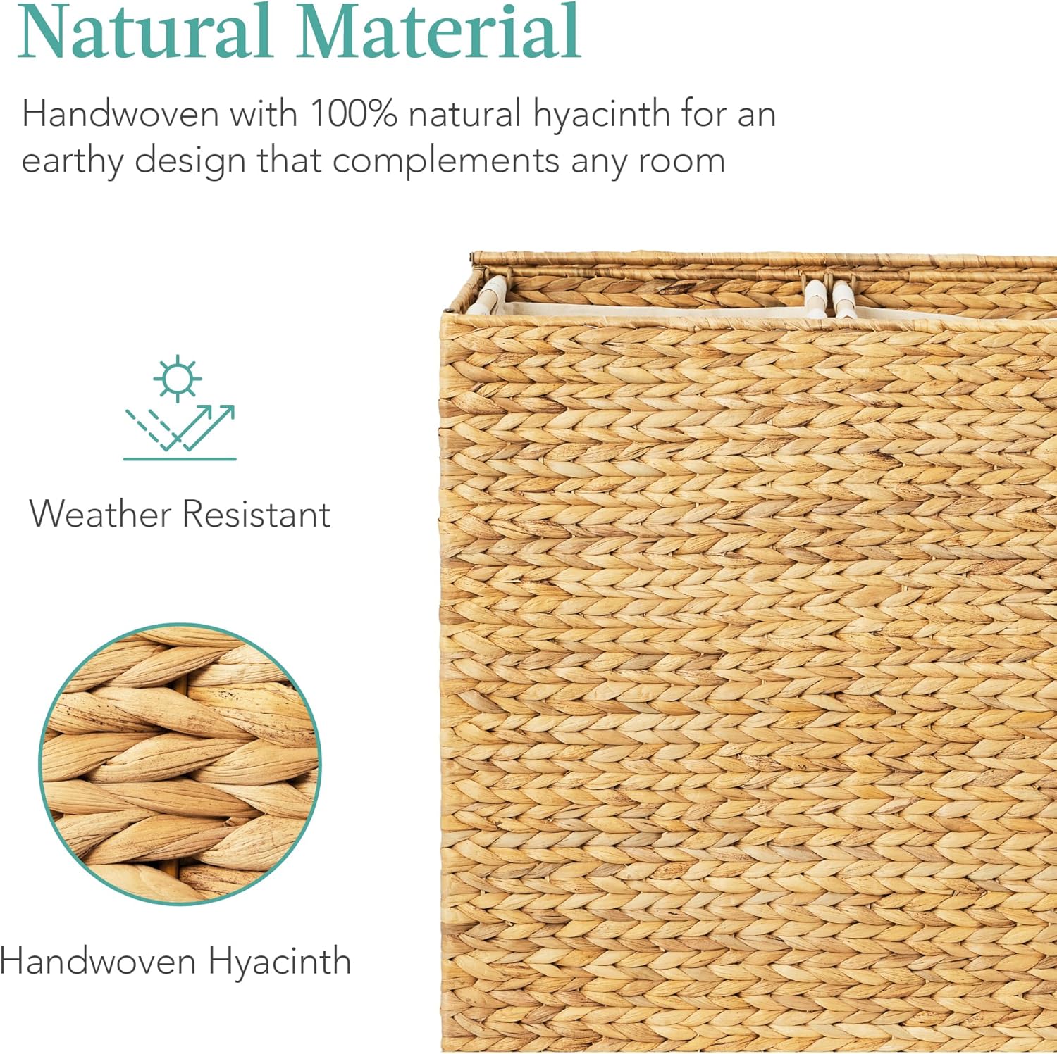 Large Water Hyacinth Laundry Hamper Basket – Double Sorter with 2 Liner Bags, Natural