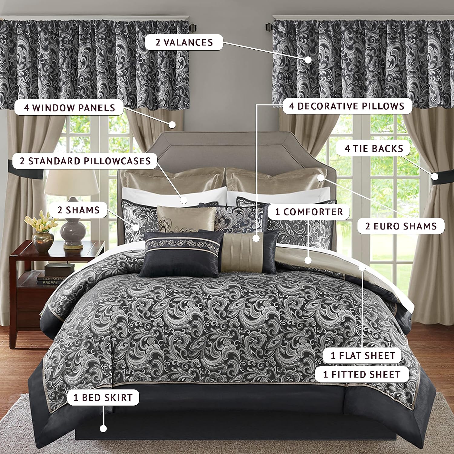 Madison Park Essentials Brystol 24 Piece Room in a Bag Faux Silk Comforter Jacquard Paisley Design Matching Curtains Down Alternative All Season Bedding-Set, Queen(90 in x 90 in), Black 24 Piece