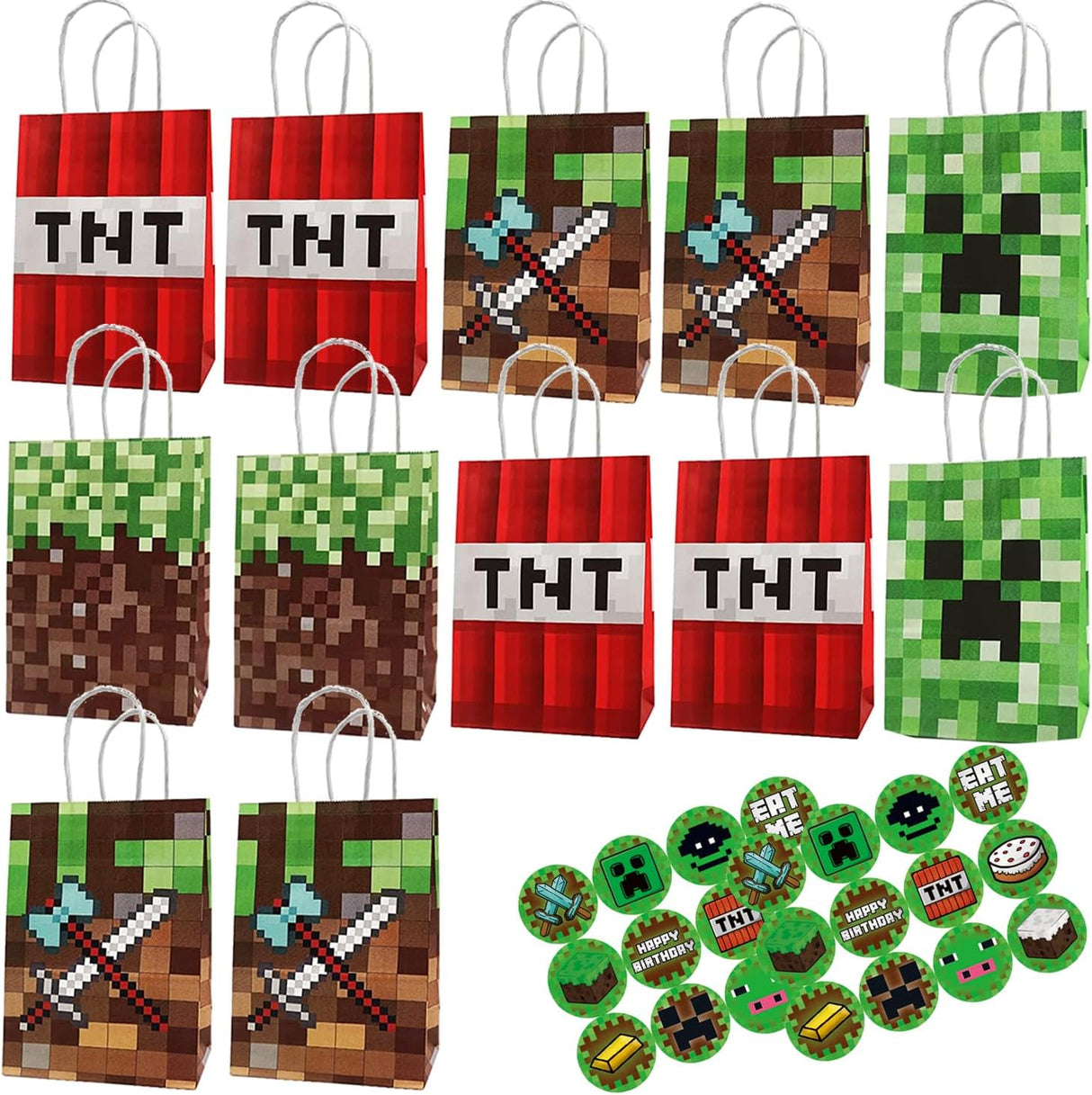 New 48pc Pixel Party Gift Bags - 24pcs Paper Bags & Stickers, Cute DIY Themed Party Supplies for Kids' Birthdays