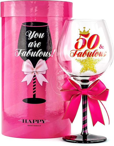 SAY HO UM 50 and Fabulous Birthday Wine Glass for Women | Fun Gift for Woman Turning Fifty Years Old | Mom, Best Friend, Aunt, Cousin, Co-Worker | Big 23 oz, 8.8 Inch Wine Glass
