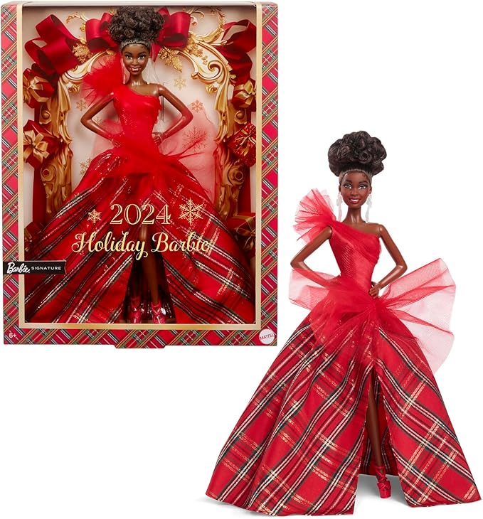 Barbie Signature Doll, 2024 Holiday Fashion Doll with Brown Hair Wearing Plaid Gown(New Open Box)