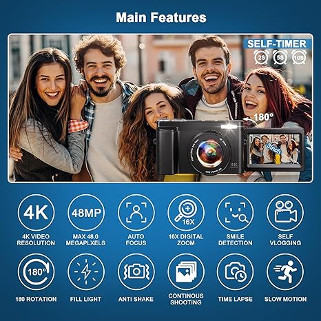 4K Digital Camera for Photography Autofocus 48MP 4K Camera with SD Card, 180° 3.0 inch Flip Screen Vlogging Camera for YouTube Video Compact Cameras with 16X Digital Zoom, Anti-Shake, 2 Batteries