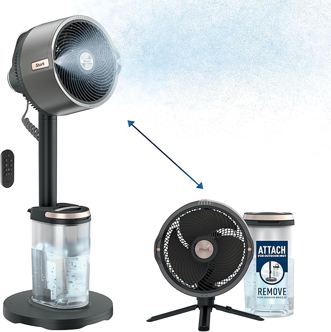 Shark FlexBreeze Pro Mist Fan — Indoor & Outdoor, Integrated Misting, Pedestal to Tabletop, Corded or Cordless, Up to 24-Hr Battery, Oscillating, Charcoal Grey
