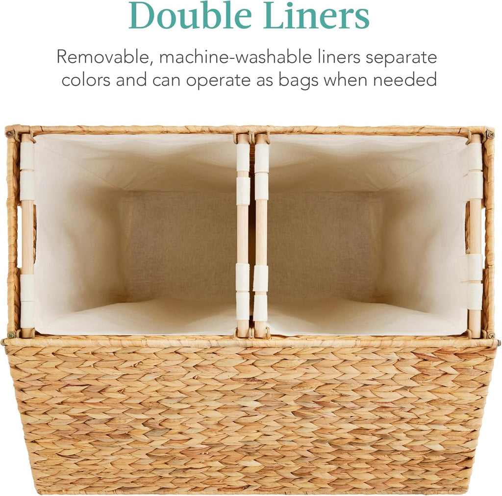 Large Water Hyacinth Laundry Hamper Basket – Double Sorter with 2 Liner Bags, Natural