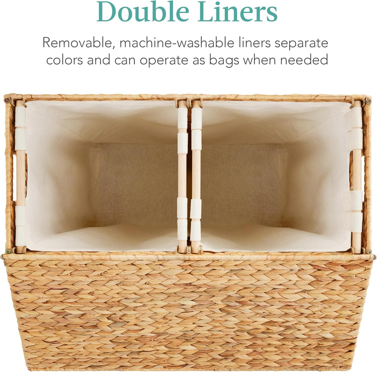 Large Water Hyacinth Laundry Hamper Basket – Double Sorter with 2 Liner Bags, Natural