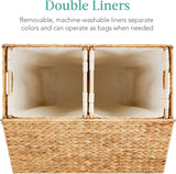 Large Water Hyacinth Laundry Hamper Basket – Double Sorter with 2 Liner Bags, Natural