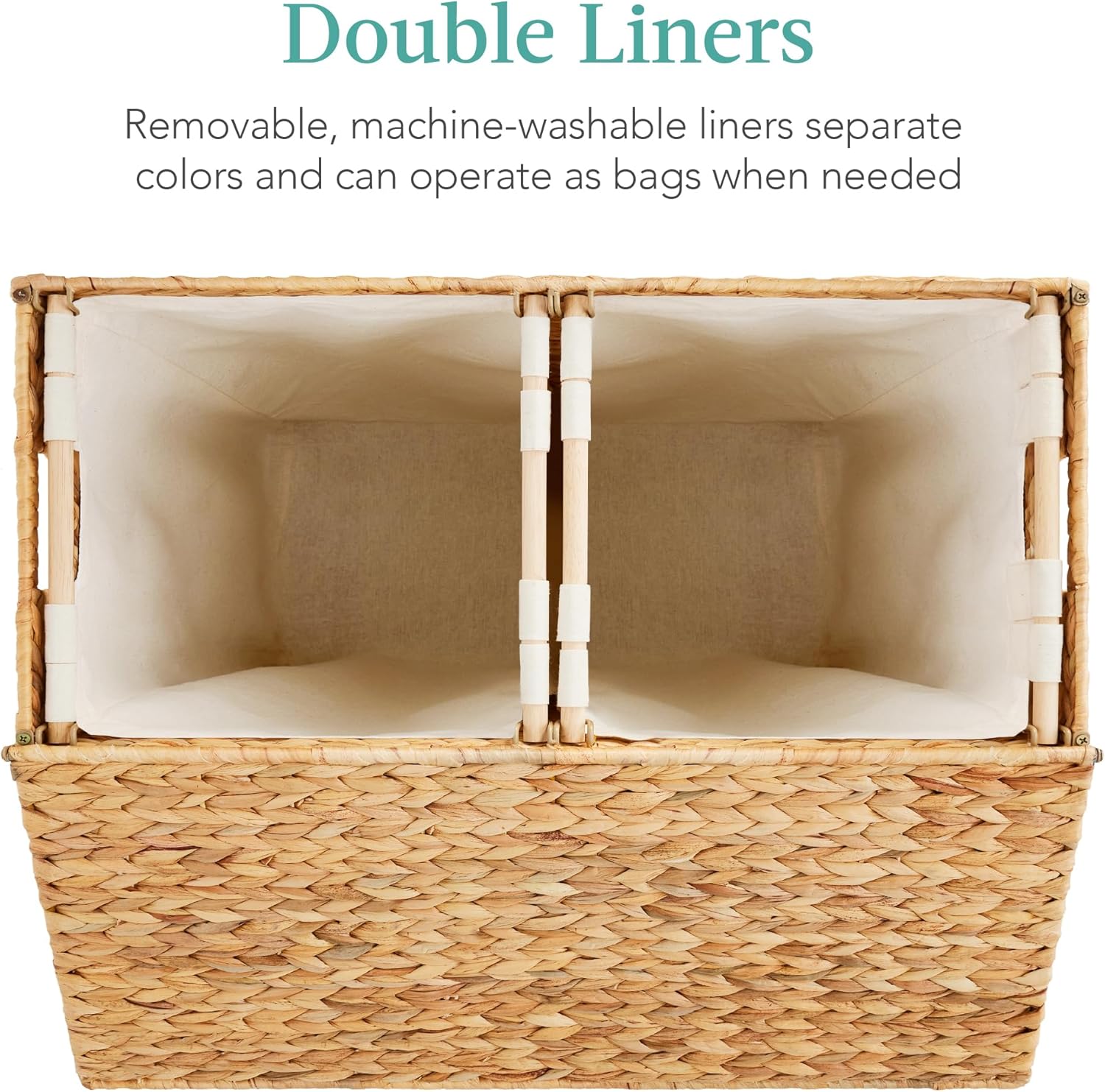 Large Water Hyacinth Laundry Hamper Basket – Double Sorter with 2 Liner Bags, Natural