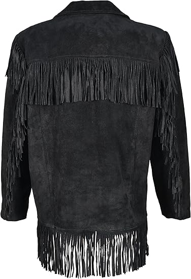 Vipzi Men's Western Suede Fringe Jacket – Black - Size Large