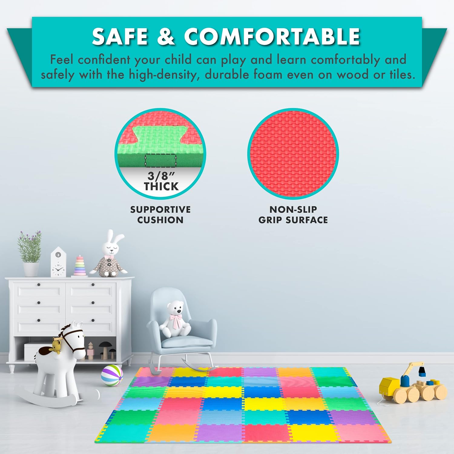 ProSource Play Mat, Soft Foam Floor Tiles for Kids, Interlocking EVA Panels for Playpen Use, Crawling Development Surface, Safe Non-Toxic Toddler Flooring, 36 Tiles, Multicolor