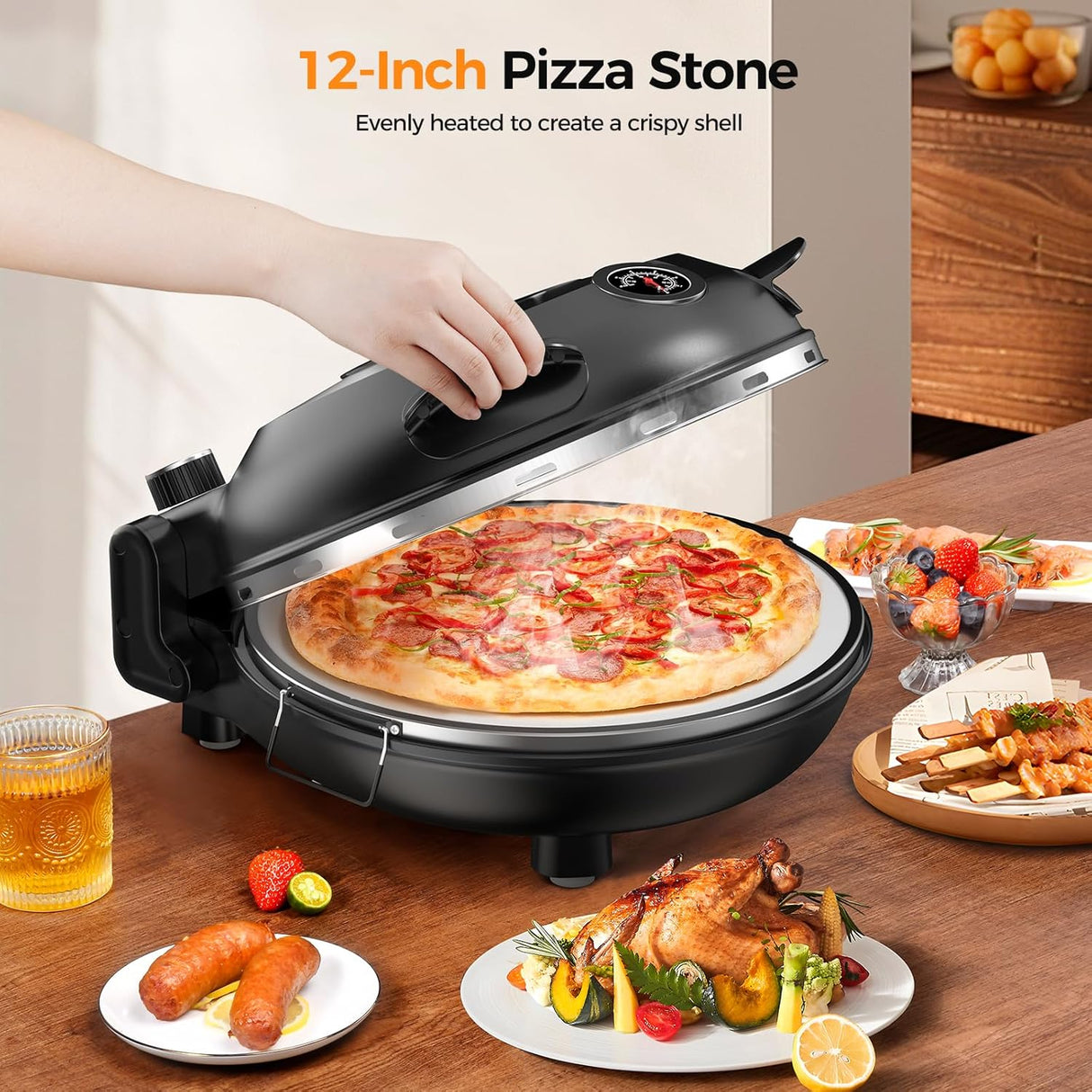 Amzmoon - Portable Electric Pizza Oven for Indoor, 1200W Countertop for Pizzeria, Heats up to 1000°F for Home, Pizza Oven for Pizza Stone 12 Inch with Window