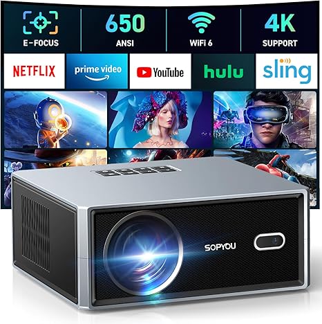Electric Focus/Auto Keystone] Projector with WiFi and Bluetooth, Native 1080P 4K Support Outdoor Movie Projectors Max 450" Display, SOPYOU Home Theater Projector for iOS/Android/TV Stick