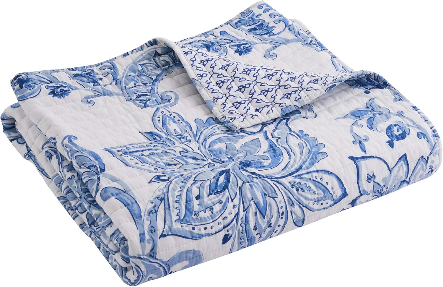Levtex Home - Bennett - Quilted Throw - 50x60in. - Floral Paisley - Blue and White - Reversible Pattern - Cotton