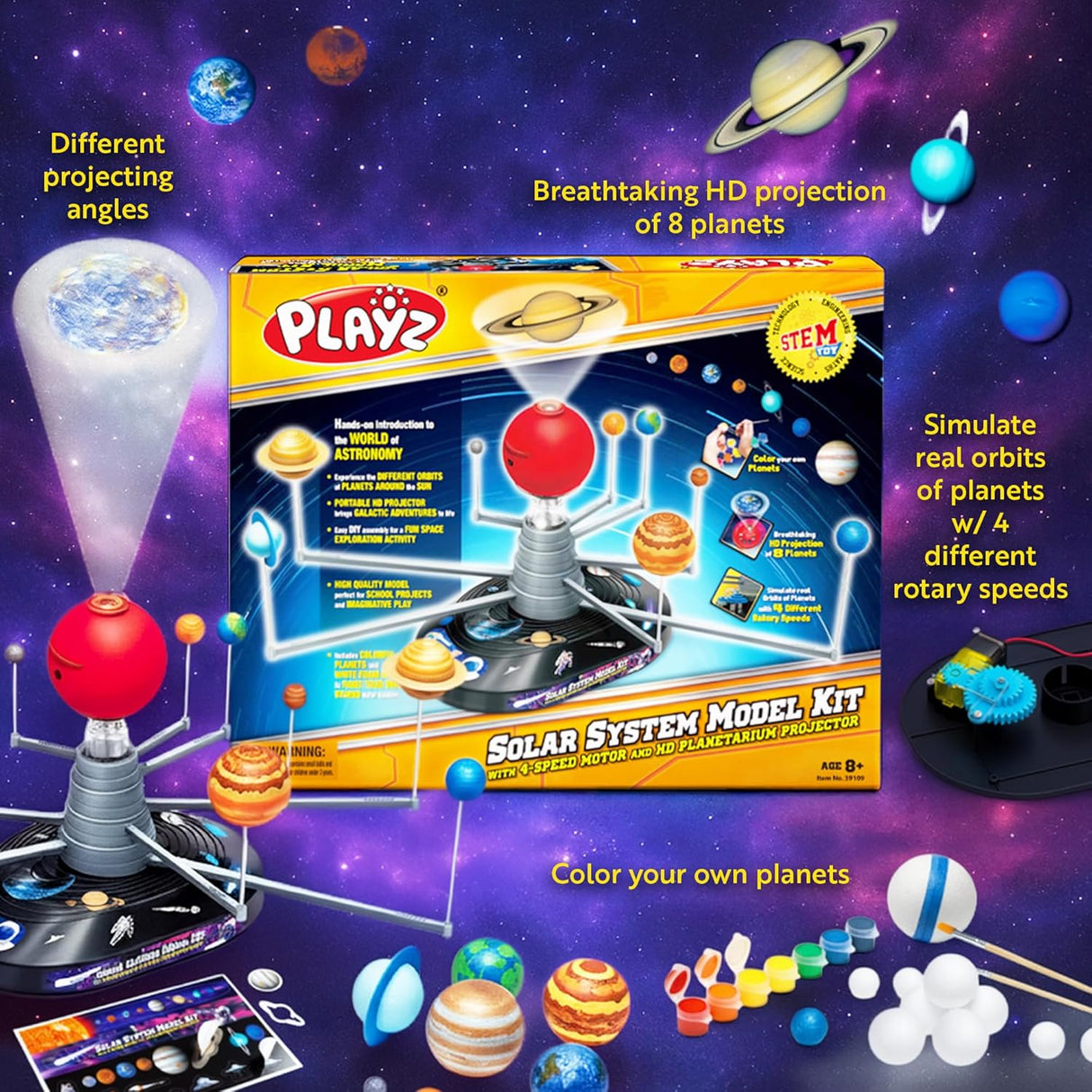 Playz Premium Solar System Model Kit for Kids - 4 Speed Motor, HD Planetarium Projector, 8 Painted Planets & 8 White Foam Balls with Paint and Brush for a Hands-On STEM DIY Project for Space Toys