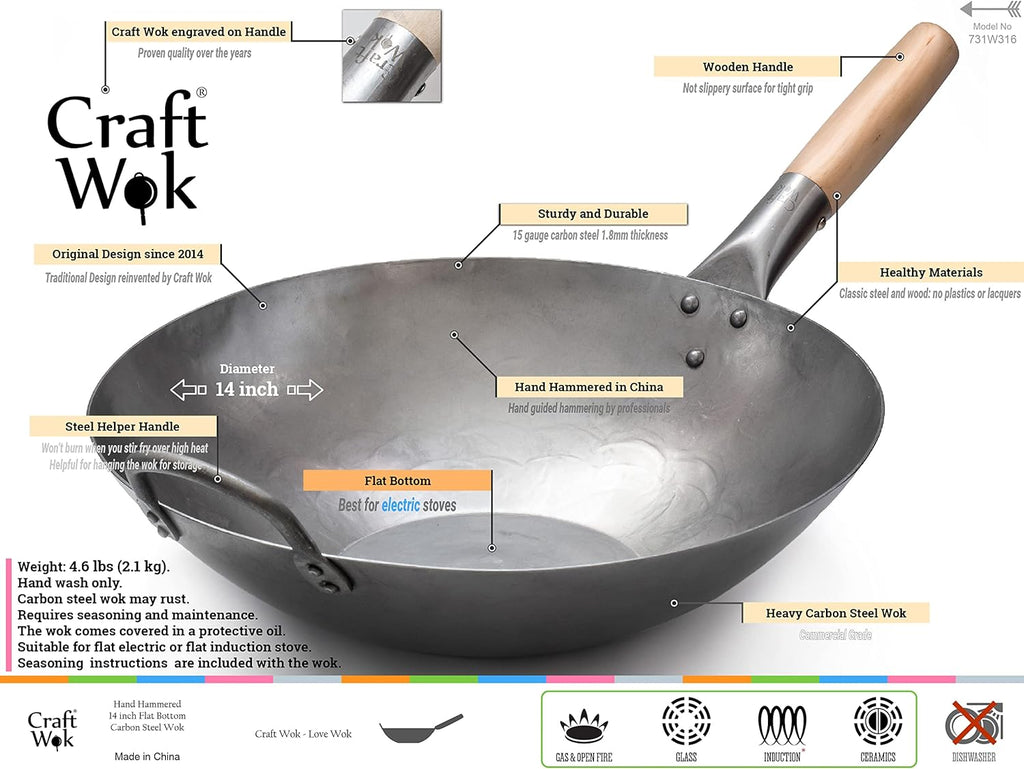 *Craft Wok Hand Hammered 14in Flat Bottom, Carbon Steel Wok with Wooden Handle, 731W316