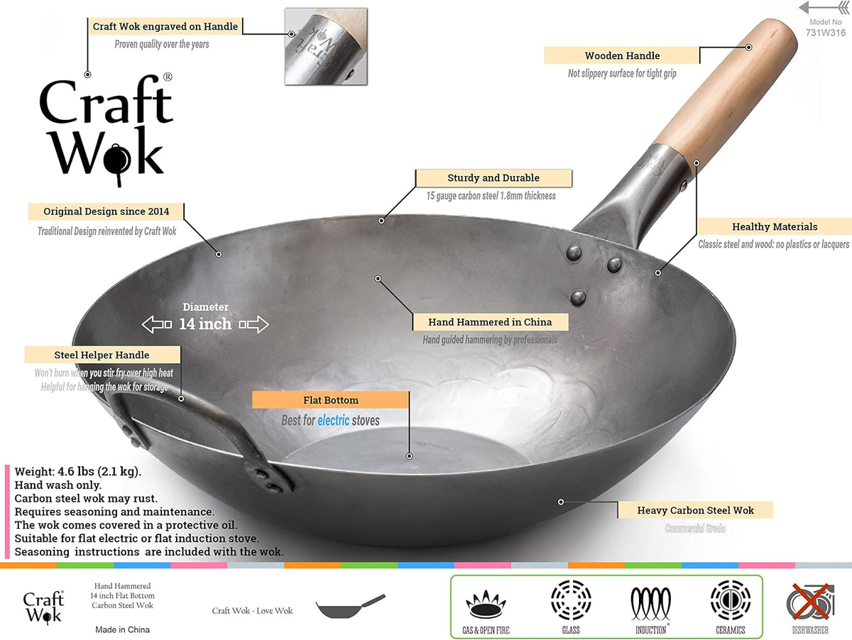 *Craft Wok Hand Hammered 14in Flat Bottom, Carbon Steel Wok with Wooden Handle, 731W316