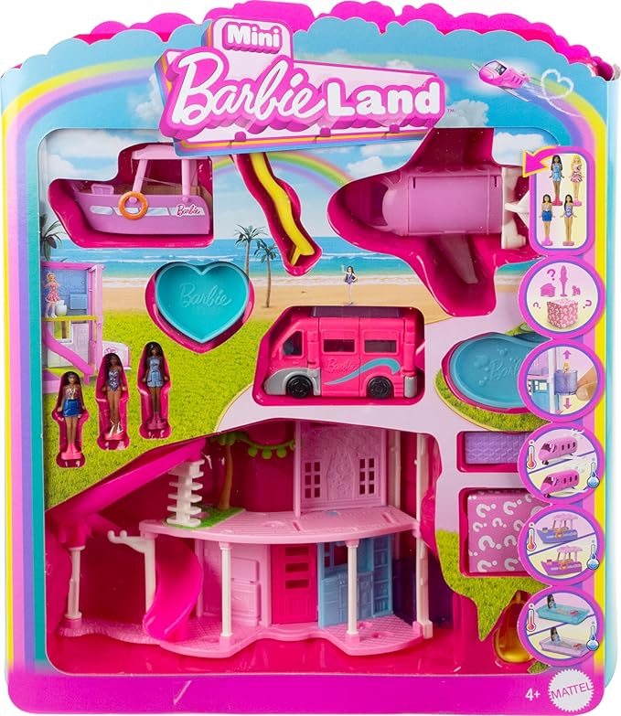 Barbie Mini BarbieLand DreamHouse & 3-Vehicle Playset with 4 1.5-Inch Dolls, Doll House Furniture & Accessories, Includes DreamCamper, Boat & Plane (New, Open Box) *Damaged Box*