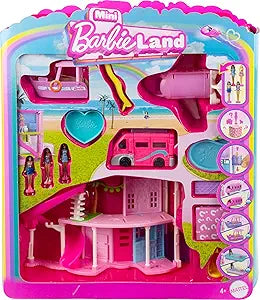 Barbie Mini BarbieLand DreamHouse & 3-Vehicle Playset with 4 1.5-Inch Dolls, Doll House Furniture & Accessories, Includes DreamCamper, Boat & Plane(New Open Box)