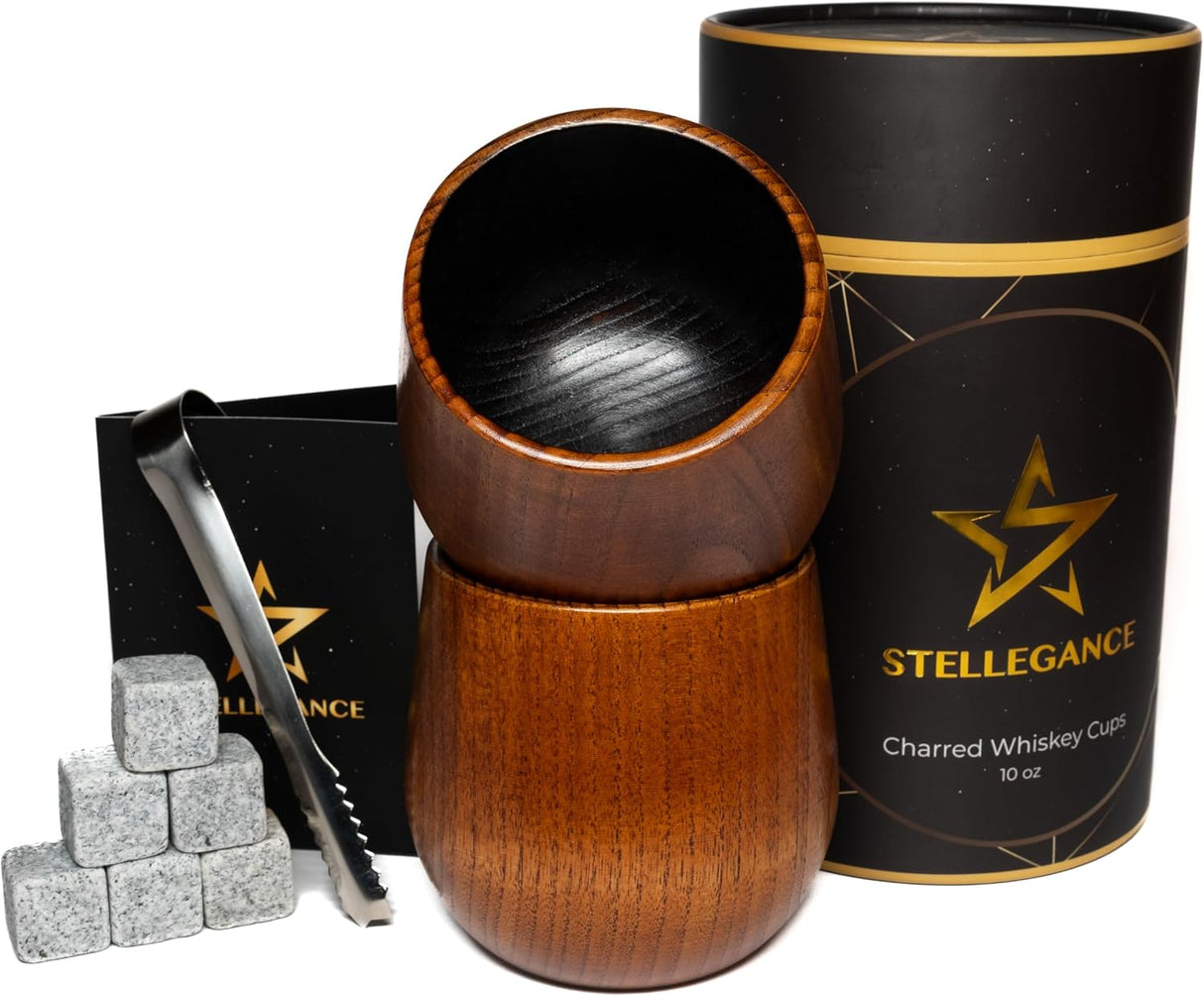 10oz Charred Wooden Whiskey Glass Set - Charred Wooden Bourbon Drinking Glass Gift Set with Whiskey Stones, Tongs, Pouch - Unique Bourbon Gifts for Men, Him, Husband - Artisan Wooden Whiskey Tumbler
