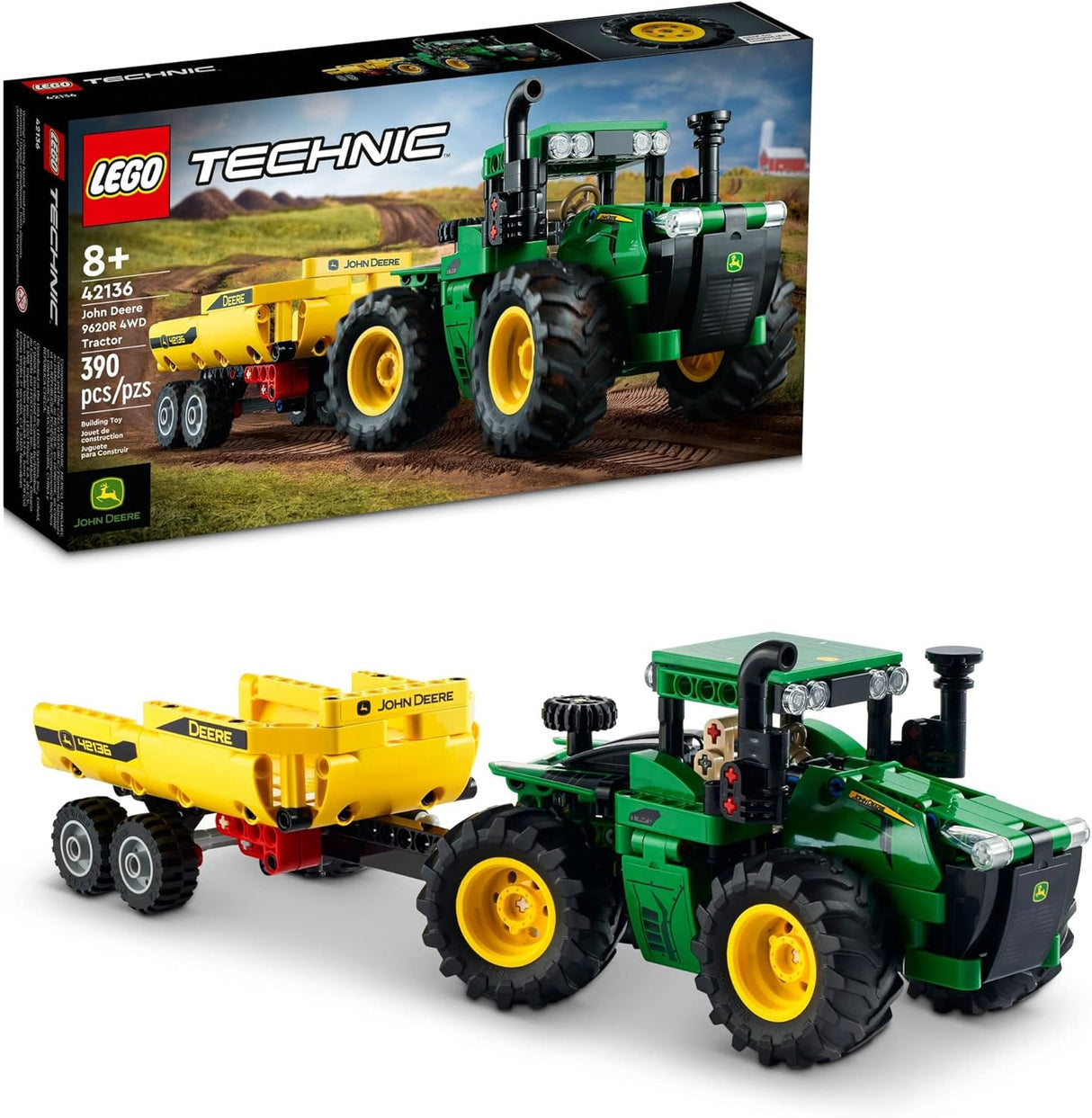 LEGO Technic John Deere 9620R 4WD Tractor Toy 42136 Building Toy - Collectible Model with Trailer