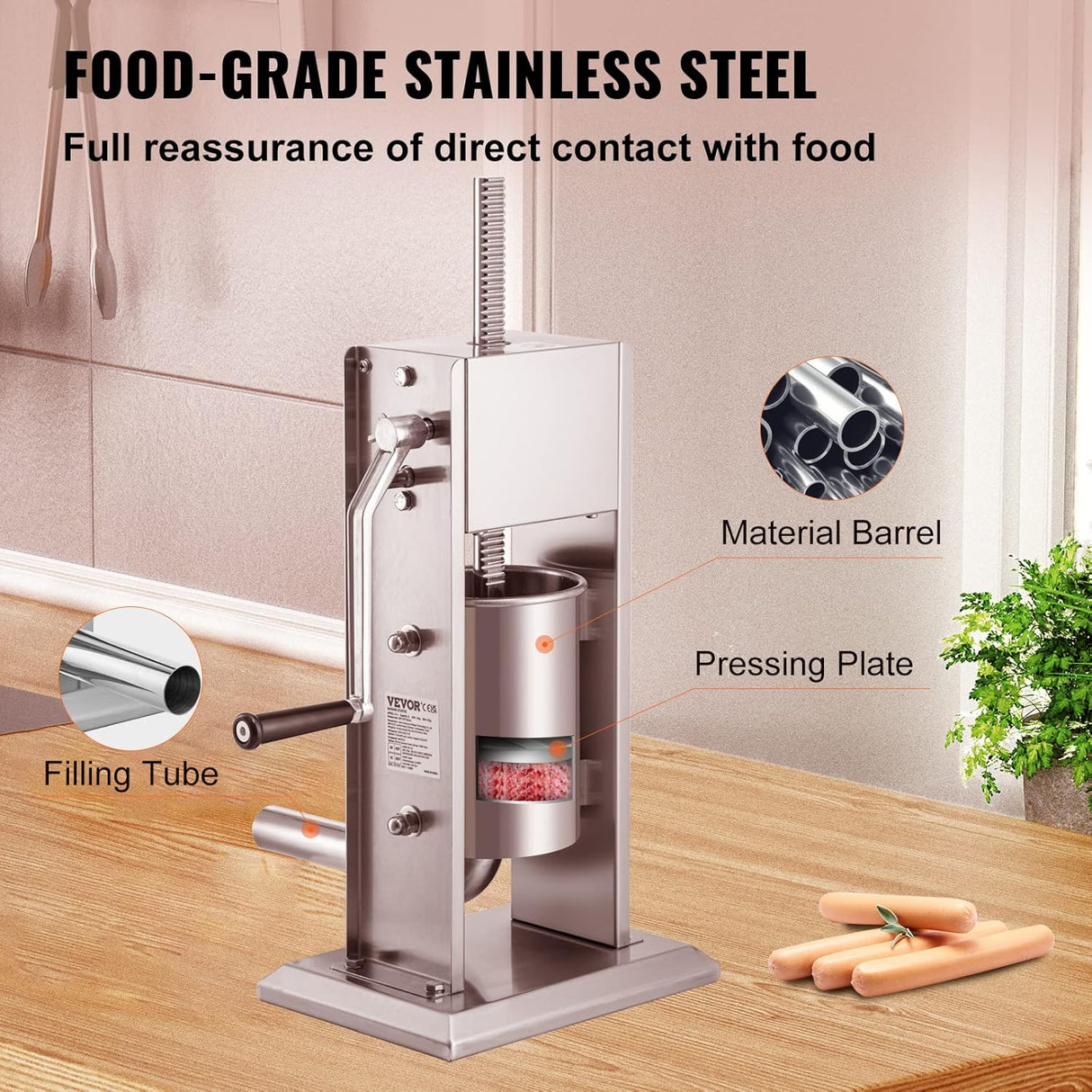 VEVOR Manual 5LBS/3L Capacity, Two Speed 304 Stainless Steel Vertical Stuffer, Sausage Filling Machine with 4 Stuffing Tubes, Suction Base for Household or Commercial Use, 3 L, Silver