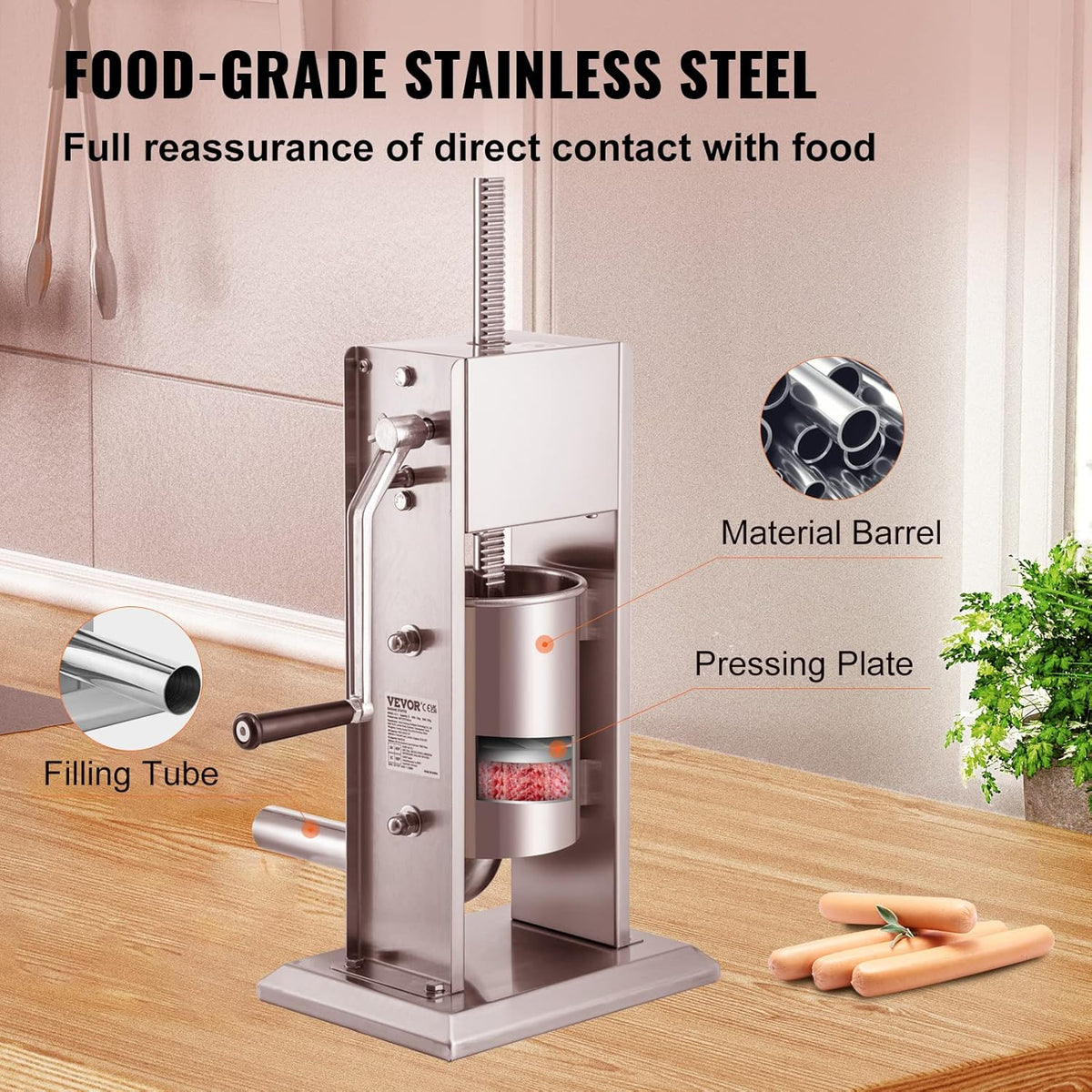 VEVOR Manual 5LBS/3L Capacity, Two Speed 304 Stainless Steel Vertical Stuffer, Sausage Filling Machine with 4 Stuffing Tubes, Suction Base for Household or Commercial Use, 3 L, Silver