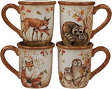 Pine Forest 16 oz. Woodland Ceramic Mugs, Set of 4 – Autumn Wildlife Coffee Cups with Fox, Owl, Deer & Raccoon
