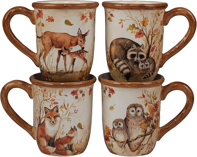 Pine Forest 16 oz. Woodland Ceramic Mugs, Set of 4 – Autumn Wildlife Coffee Cups with Fox, Owl, Deer & Raccoon