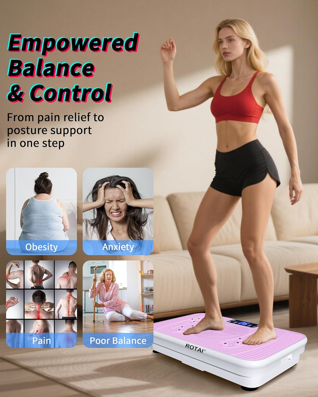 ROTAI Vibration Plate Exercise Machine for Lymphatic Drainage Massager & Weight Loss - Light Pink