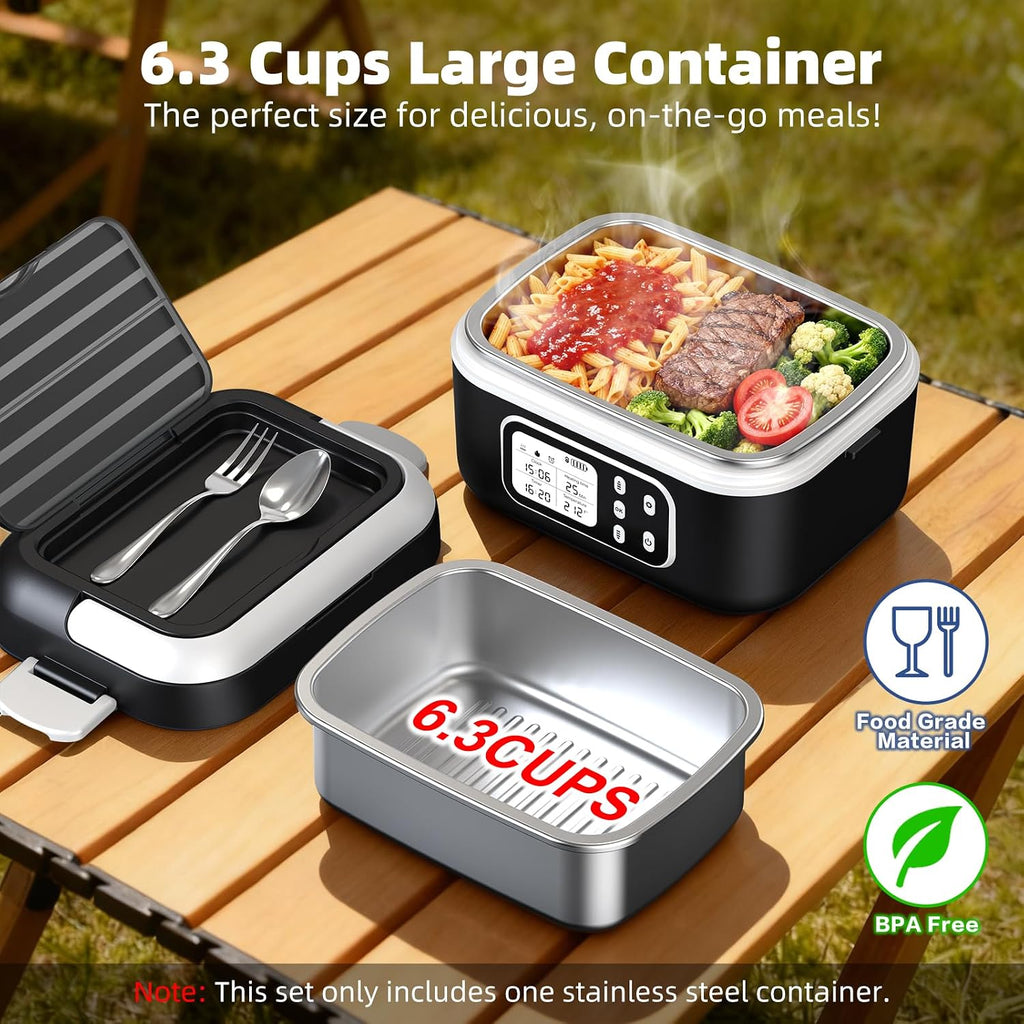 Rhudaky Cordless Heated Lunch Box for Men, 6.3 Cup 100W Electric Lunch Box Food Warmer with 27000mAh Battery for Self Heating