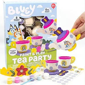 Bluey Paint & Play Tea Party, 6-Piece Wooden Tea Set, Customize with Paint & Bluey Stickers, 2 Wearable Crowns, Fun Toys for Kids, Cute Birthday Party Decorations, Pretend Play Tea Party, Bluey Toys(New Open Box)