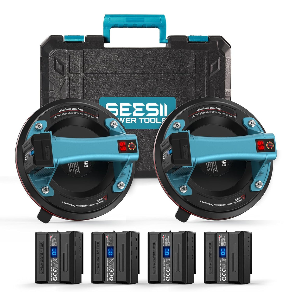 SEESII Electric Suction Cups for Glass, 600 LBS Max Load, 8" Heavy Duty Tile Suction Cups Lifter with 4X 2400mAh Batteries, Auto Start Pump, Display, for Lifting Large Glass, Tile, Granite, Metal