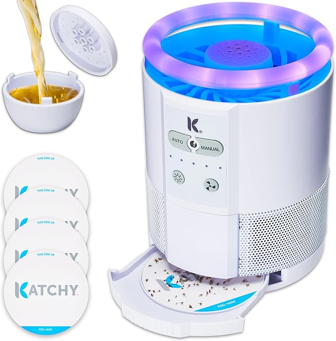 * Katchy Duo – Indoor Fly Trap with Scent Pod – Day & Night Effective – Mosquito, Fruit Fly, Gnat & Small Moth Killer – Non-Zapper Trap with UV Bug Light & Fan Suction (White)