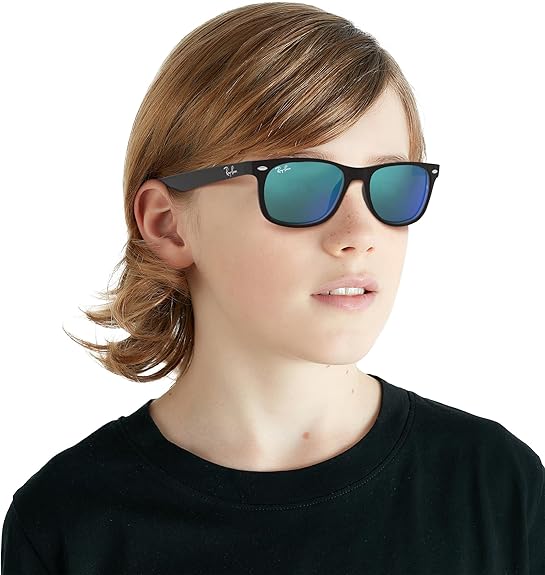 Ray-Ban Junior RJ9052S New Wayfarer Square Sunglasses, Matte Black/Blue Flash, 47 mm