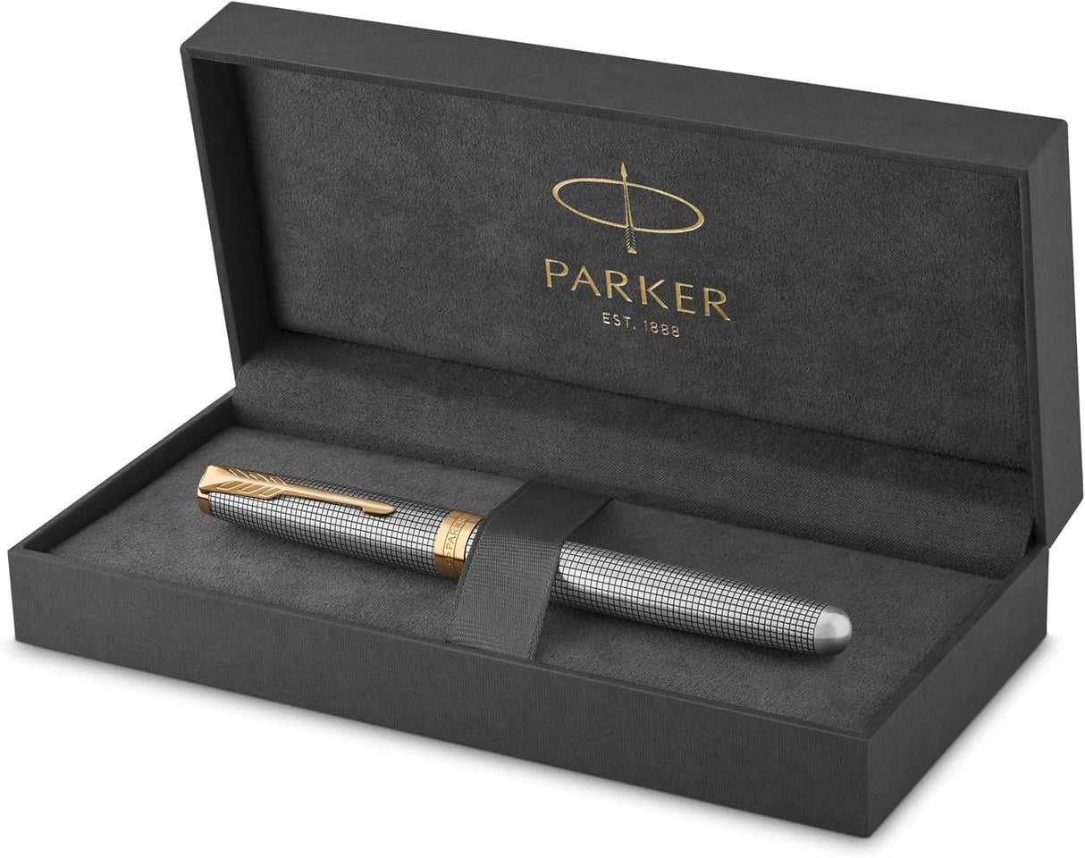 Parker Sonnet Fountain Pen Chiseled Silver with Gold Trim Solid 18k Gold Fine Nib