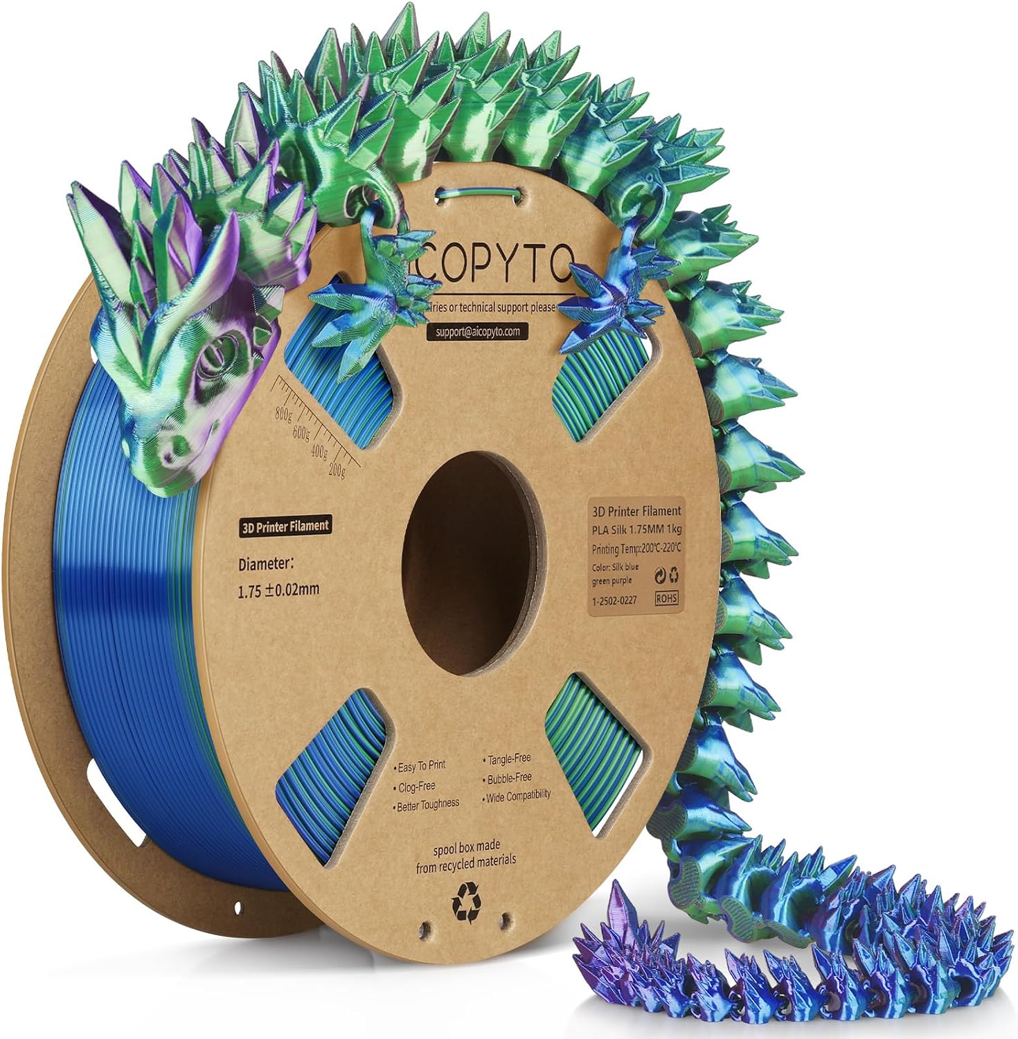 AICOPYTO 3D Printer Silk PLA Filament 1.75mm, Shiny Triple Color Blue Green Purple