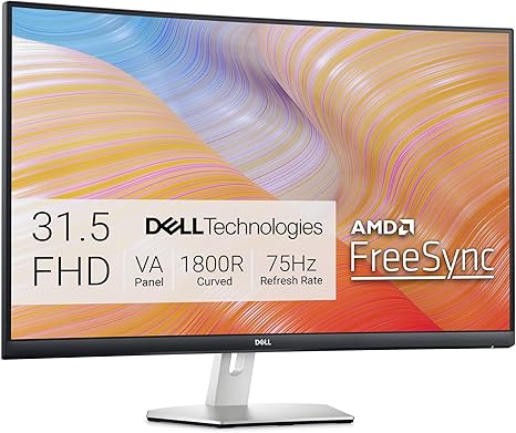 Dell S3222HN Curved Monitor - 31.5-inch FHD (1920x1080) 75Hz 4Ms 1800R Curved Display, HDMI Connectivity, AMD FreeSync Technology, Tilt Adjustability - Silver