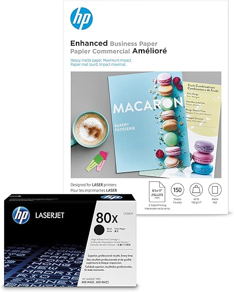 HP 80X Black High Yield Toner + HP Brochure Paper, Matte, Laser, 8.5 x 11, 150 sheets, Enhanced