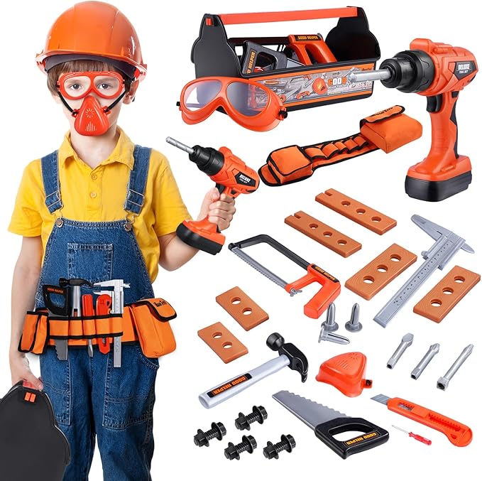 iBaseToy Kids Tool Set - 32 PCS Toddler Tool Set with Tool Box & Electronic Toy Drill, Pretend Play Kids Construction Toy Set, Toy Tools for Kids Ages 3 , 4, 5, 6, 7 Years Old, Boy Toys