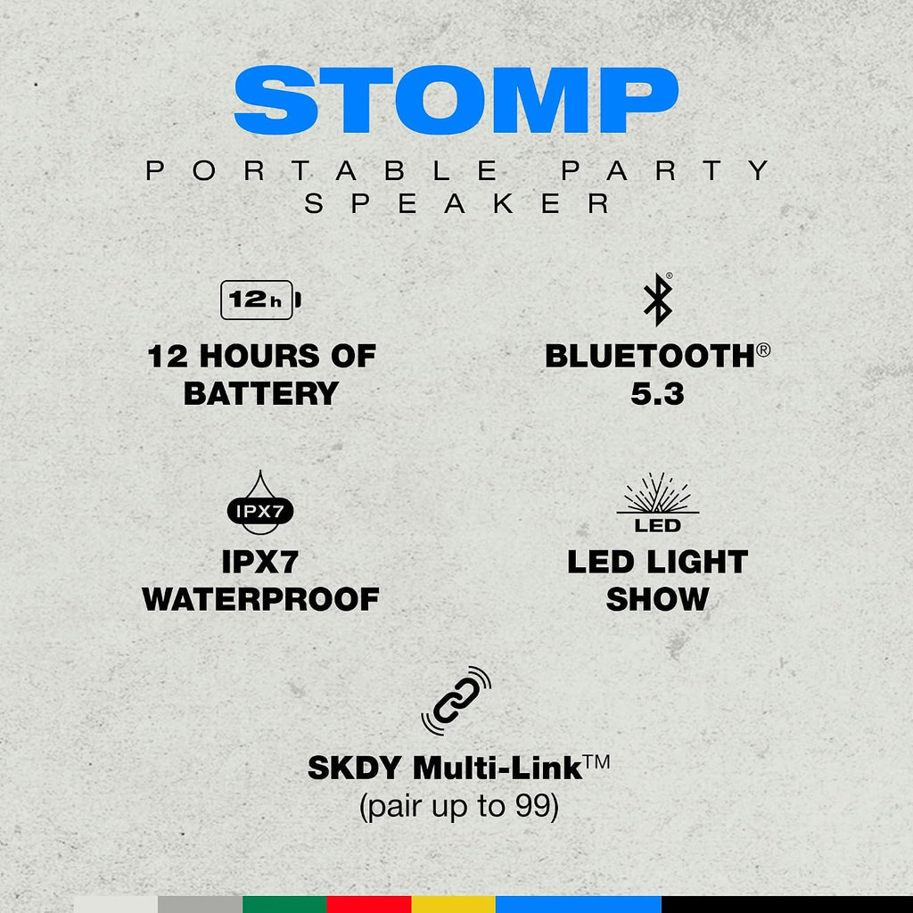 Skullcandy Stomp Bluetooth Speaker – IPX7 Waterproof Wireless Portable Speaker, with LED Lightshow & Strobe Modes, 12 Hour Battery, Multi-Link, & USB-C & USB-A Output Charging (Stomp, Black)