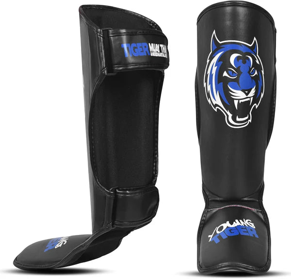 Tiger Pro Youth Sparring Shin guards with instep for Muay Thai and MMA - Blue