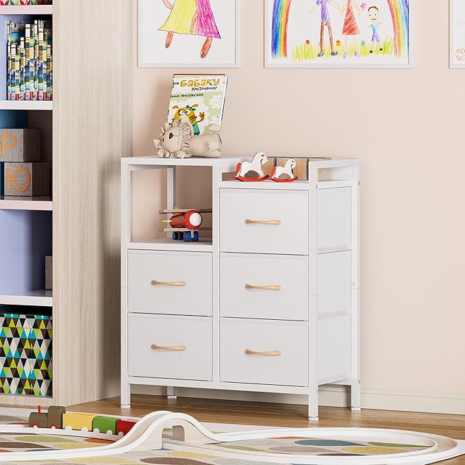 Furnulem 5 Drawer-2Tier Shelf Storage-Small Fabric Drawer Dresser - White