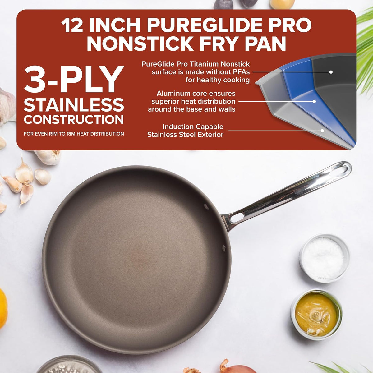 Viking PureGlide Pro 3-Ply Nonstick Frying Pan, Made without PFAS, 12-Inch Induction Cookware