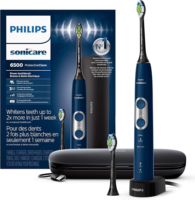 Philips Sonicare ProtectiveClean 6500 Rechargeable Electric Toothbrush, with Pressure Sensor, 3 Cleaning Modes, SmarTimer and QuadPacer, 14-Day Battery Life, Charging Travel Case, Navy Blue, HX6462/07